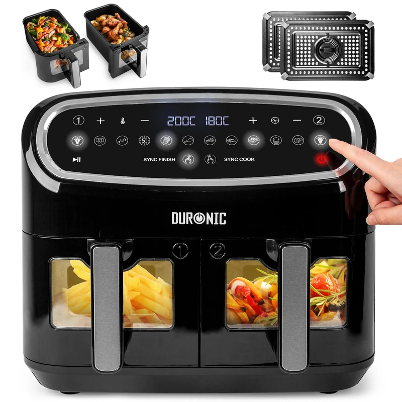 Duronic AF24 Friteuse à air de 2400 W | Deux tiroirs de cuisson de 5 litres chacun | Fonctions Sync Cook et Sync Finish | 10 modes de cuisson préréglés | Sans huile | Commande numérique tactile