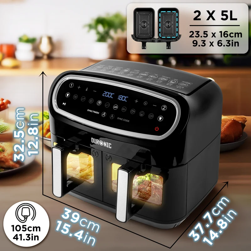 Duronic AF24 Friteuse à air de 2400 W | Deux tiroirs de cuisson de 5 litres chacun | Fonctions Sync Cook et Sync Finish | 10 modes de cuisson préréglés | Sans huile | Commande numérique tactile