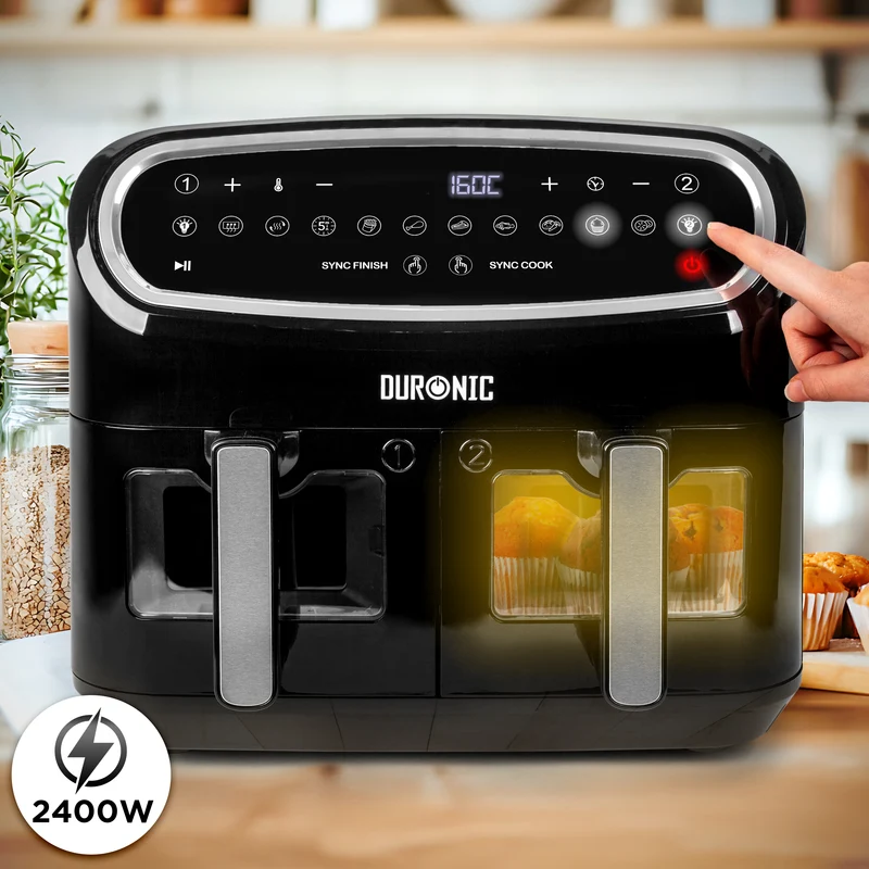 Duronic AF24 Friteuse à air de 2400 W | Deux tiroirs de cuisson de 5 litres chacun | Fonctions Sync Cook et Sync Finish | 10 modes de cuisson préréglés | Sans huile | Commande numérique tactile