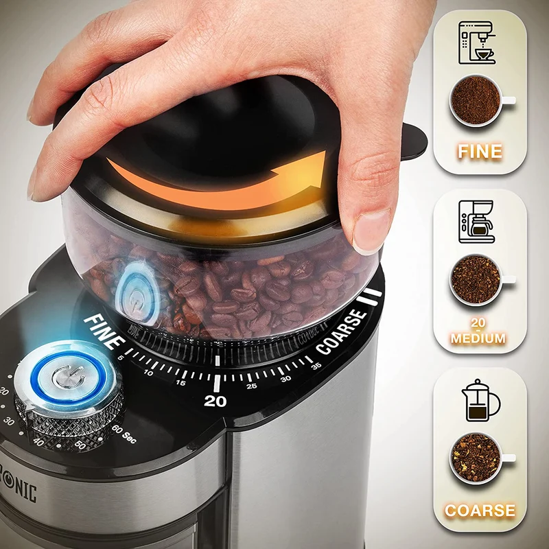 Duronic BG200 Moulin à Café électrique de 200W | 35 Réglages de Moulure différents | Capacité de 200 g | Acier Inoxydable | Jusqu'à 12 Tasses