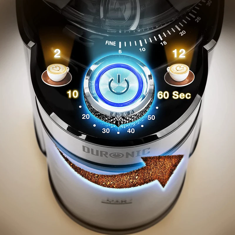 Duronic BG200 Moulin à Café électrique de 200W | 35 Réglages de Moulure différents | Capacité de 200 g | Acier Inoxydable | Jusqu'à 12 Tasses