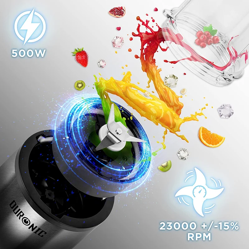 Duronic BL520 Mini Blender 500W | 570 et 400 ml | Sans BPA | Pour Smoothies Shakes protéinés Nourriture pour bébé Jus de fruits ou légumes Milkshakes Cocktails Sauces Purées