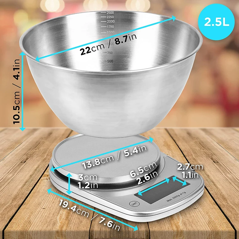Duronic KS5000 SRSS Balance de Cuisine d'une capacité de 5 kg | Précision à 1 g | Bol en inox de 2.5 L inclus | Large écran LCD | Fonction d'ajout de poids TARE | Idéale pour la pâtisserie