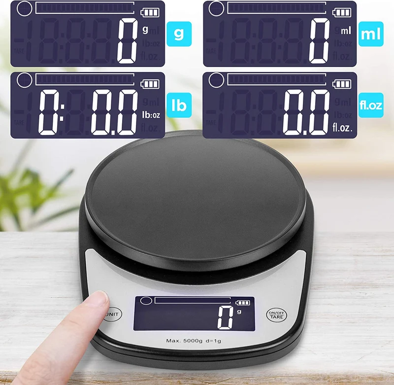 Duronic KS5000 BKSS Balance de Cuisine d'une capacité de 5 kg | Précision à 1 g | Bol en inox de 2.5 L inclus | Large écran LCD | Fonction d'ajout de poids TARE | Idéale pour la pâtisserie