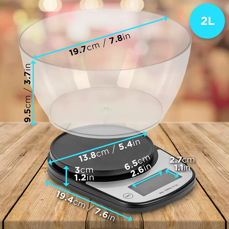 Duronic KS5000 BKCR Balance de Cuisine d'une capacité de 5 kg | Précision à 1 g | Bol de 2 L inclus | Large écran LCD | Fonction d'ajout de poids TARE | Idéale pour la pâtisserie ou balance postale