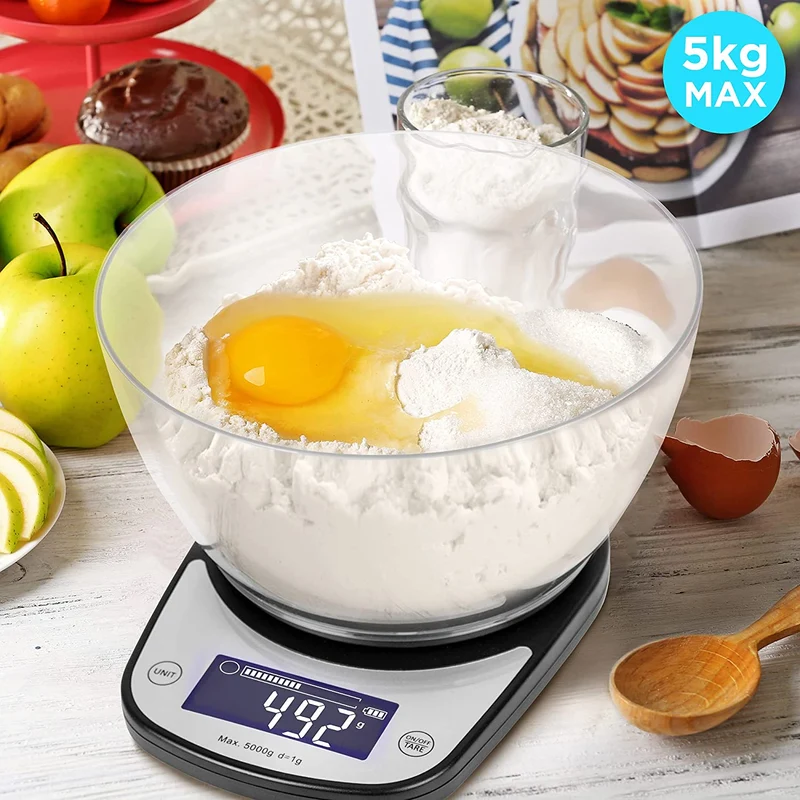 Duronic KS5000 BKCR Balance de Cuisine d'une capacité de 5 kg | Précision à 1 g | Bol de 2 L inclus | Large écran LCD | Fonction d'ajout de poids TARE | Idéale pour la pâtisserie ou balance postale