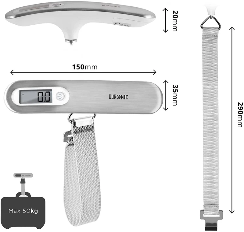 Duronic LS1013 Balance de Voyage argenté | Pèse-Bagages à Sangles pour peser Bagages / valises / Sacs | Affichage numérique | Capacité 50 kg
