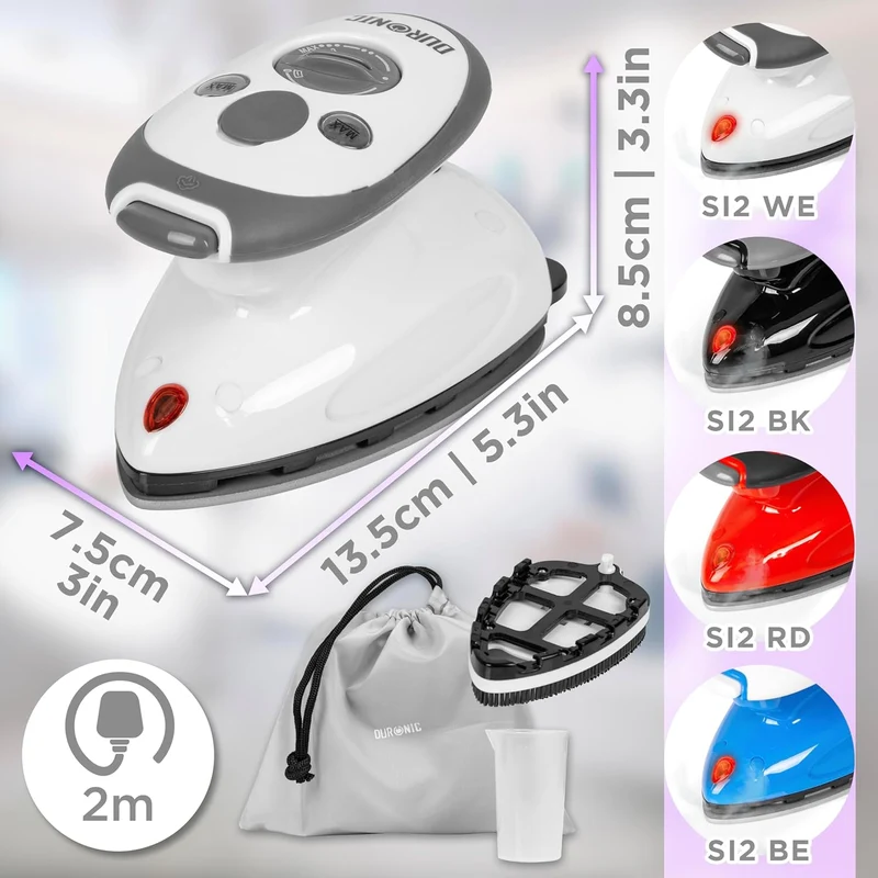 Duronic SI2 WE Fer à repasser à vapeur de voyage 375W Léger et compact 762g Semelle antiadhésive Réservoir de 50 ml Avec brosse et pochette de transport