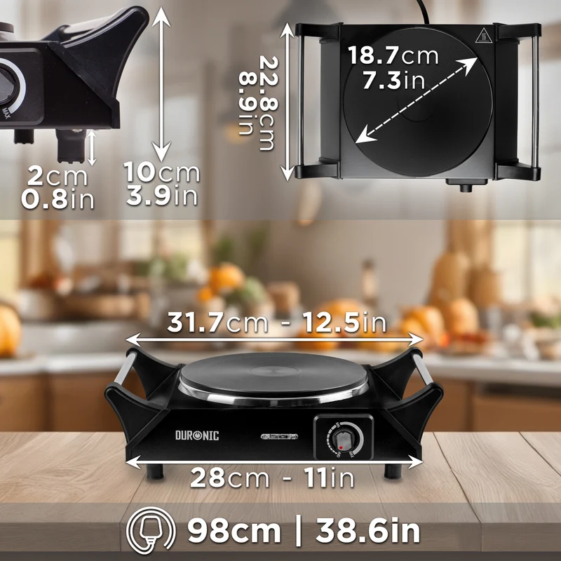 Duronic HP1 BK Plaque de cuisson électrique 1500W avec 1 foyer 20 cm Foyer en fonte Réchaud avec thermostat réglable Poignées ergonomiques Pieds antidérapants Idéal pour camping