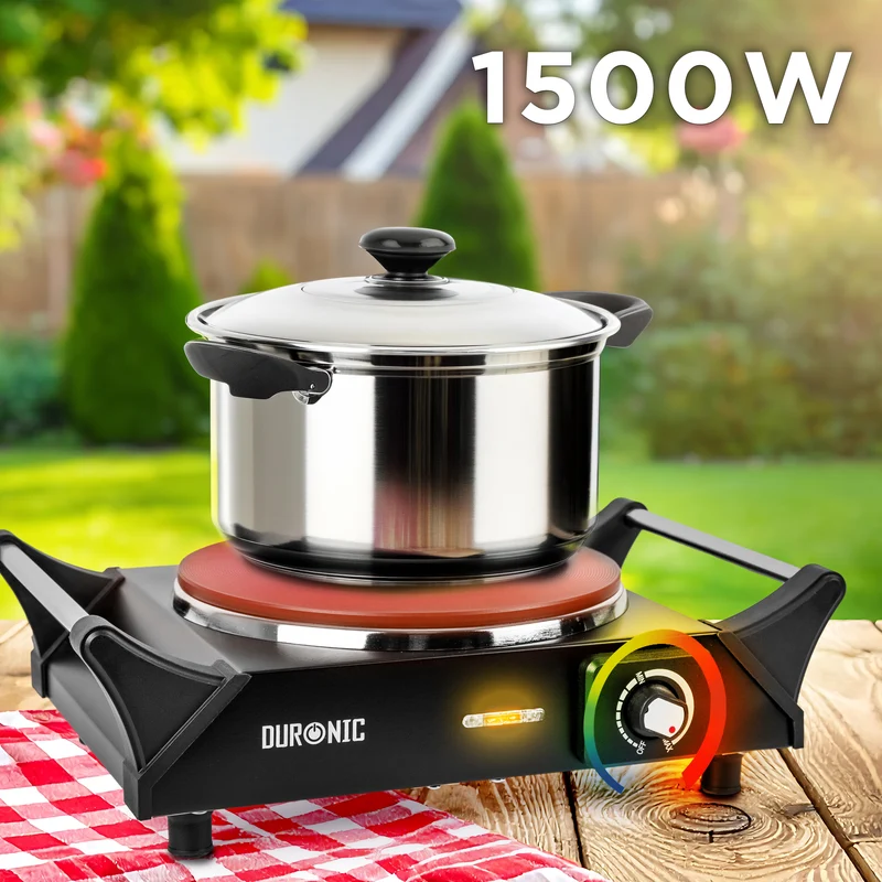 Duronic HP1 BK Plaque de cuisson électrique 1500W avec 1 foyer 20 cm Foyer en fonte Réchaud avec thermostat réglable Poignées ergonomiques Pieds antidérapants Idéal pour camping