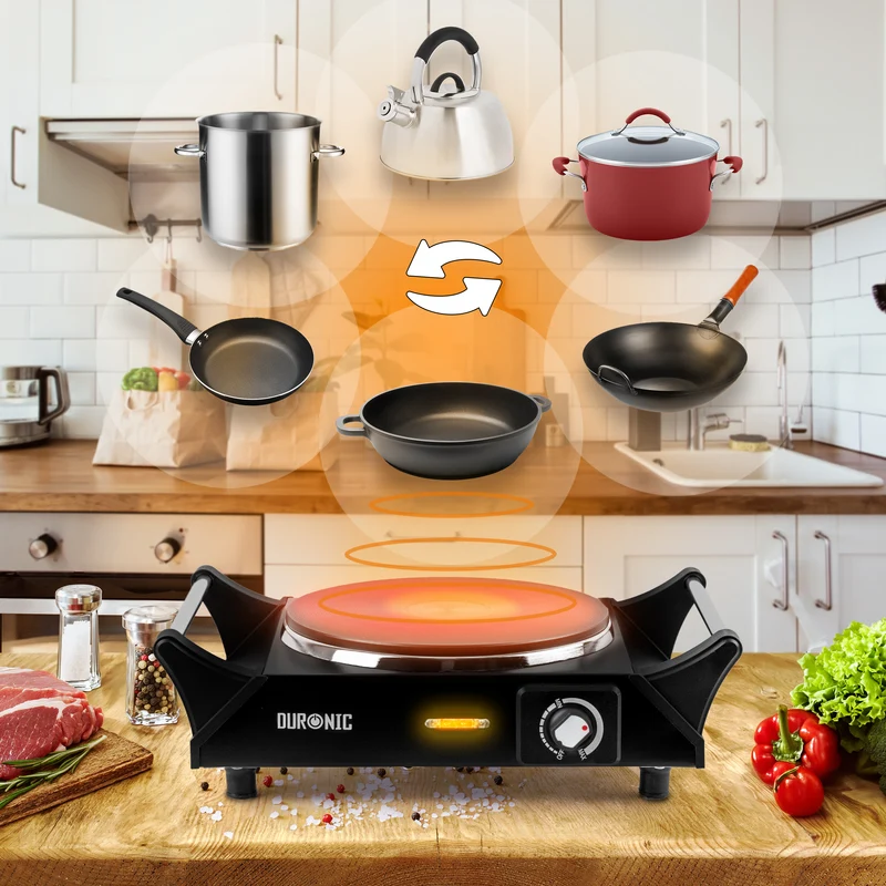 Duronic HP1 BK Plaque de cuisson électrique 1500W avec 1 foyer 20 cm Foyer en fonte Réchaud avec thermostat réglable Poignées ergonomiques Pieds antidérapants Idéal pour camping