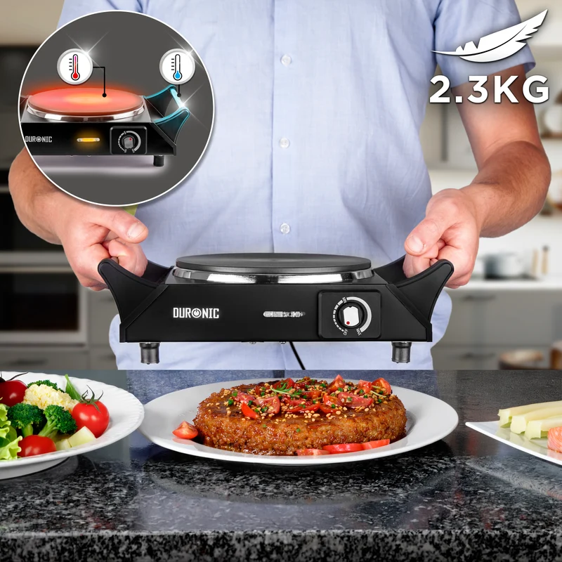 Duronic HP1 BK Plaque de cuisson électrique 1500W avec 1 foyer 20 cm Foyer en fonte Réchaud avec thermostat réglable Poignées ergonomiques Pieds antidérapants Idéal pour camping