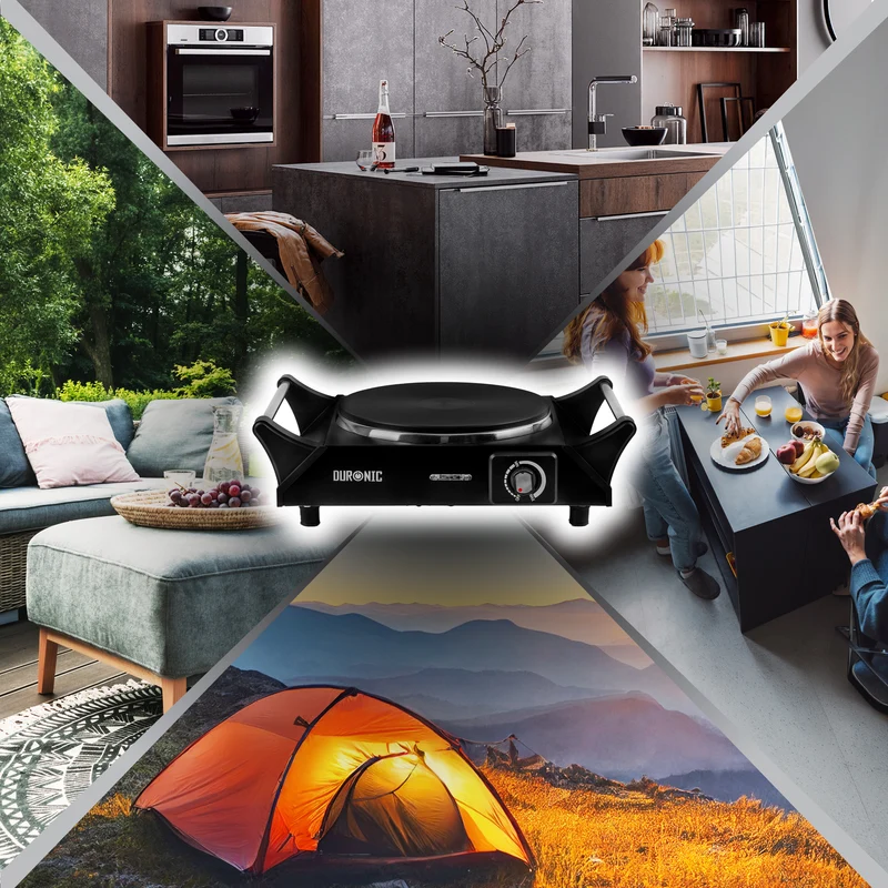 Duronic HP1 BK Plaque de cuisson électrique 1500W avec 1 foyer 20 cm Foyer en fonte Réchaud avec thermostat réglable Poignées ergonomiques Pieds antidérapants Idéal pour camping
