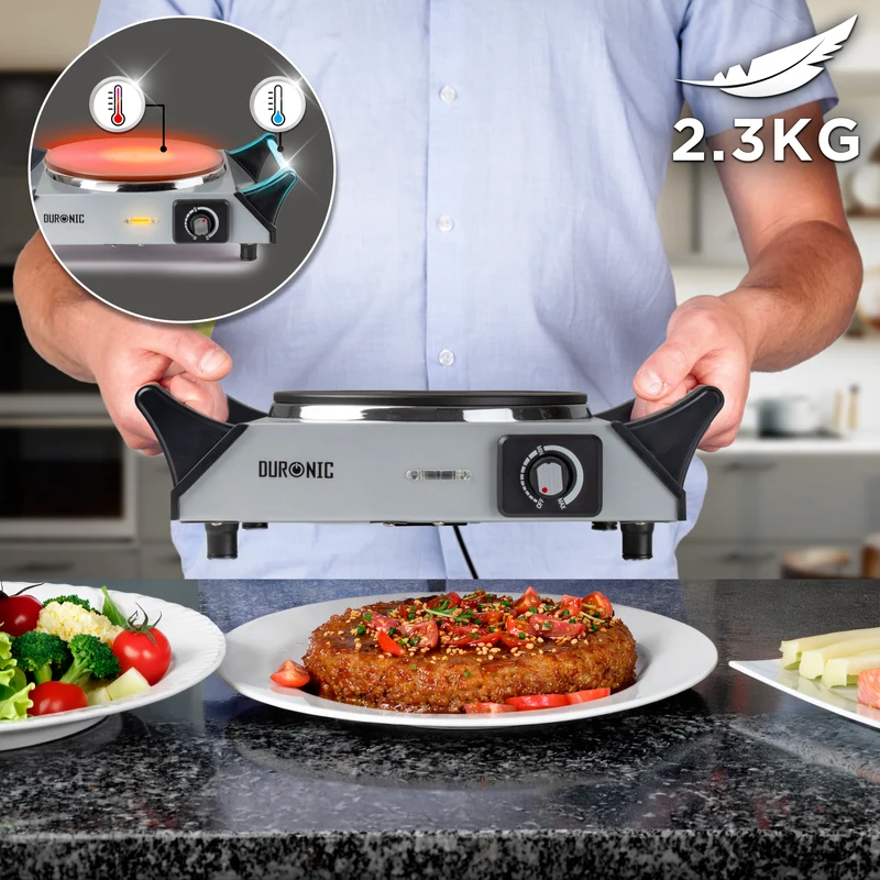 Duronic HP1 SS Plaque de cuisson chauffante électrique avec foyer en fonte de 20 cm | 1500W | Compacte et mobile | Poignées ergonomiques | Thermostat | Cuisinière pour camping, camping-car, caravane