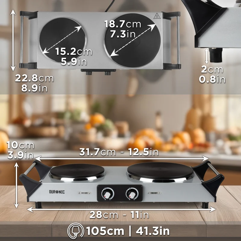 Duronic HP2 SS Plaque de cuisson électrique 2500W avec 2 foyers 20 et 15 cm Foyers en fonte 20 et 15 cm Réchaud avec thermostat réglable Poignées ergonomiques Pieds antidérapants Idéal pour camping