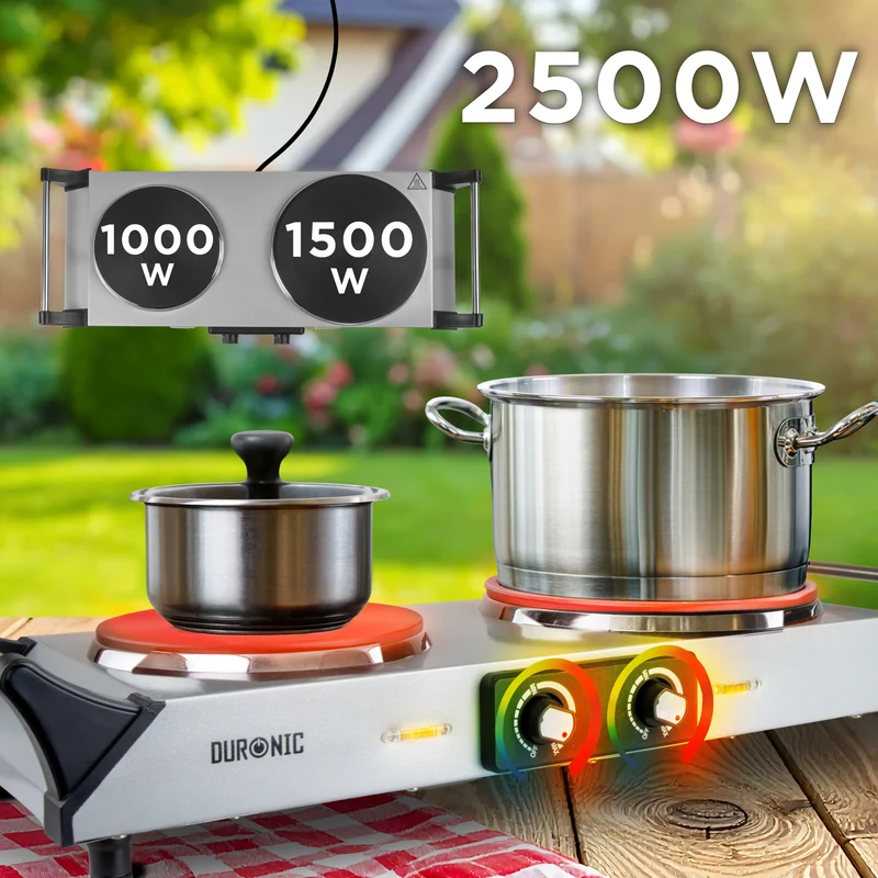 Duronic HP2 SS Plaque de cuisson électrique 2500W avec 2 foyers 20 et 15 cm Foyers en fonte 20 et 15 cm Réchaud avec thermostat réglable Poignées ergonomiques Pieds antidérapants Idéal pour camping