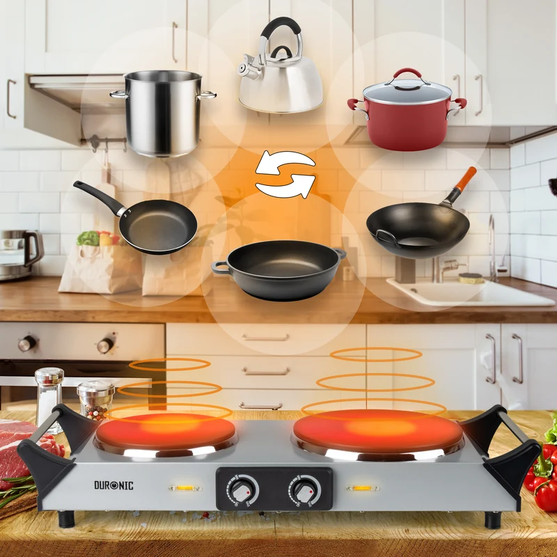 Duronic HP2 SS Plaque de cuisson électrique 2500W avec 2 foyers 20 et 15 cm Foyers en fonte 20 et 15 cm Réchaud avec thermostat réglable Poignées ergonomiques Pieds antidérapants Idéal pour camping