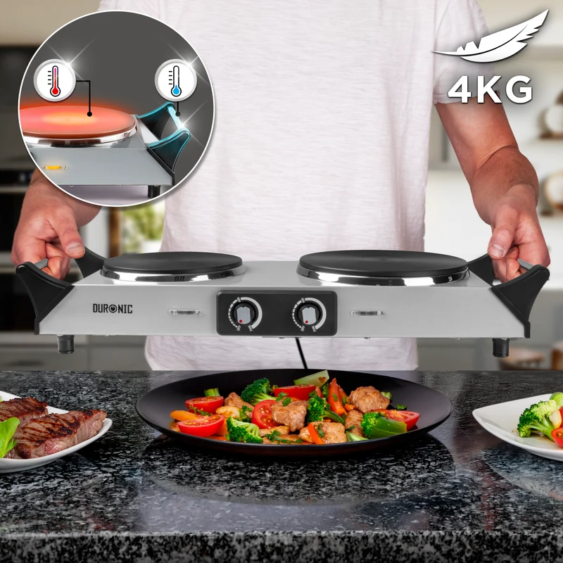 Duronic HP2 SS Plaque de cuisson électrique 2500W avec 2 foyers 20 et 15 cm Foyers en fonte 20 et 15 cm Réchaud avec thermostat réglable Poignées ergonomiques Pieds antidérapants Idéal pour camping