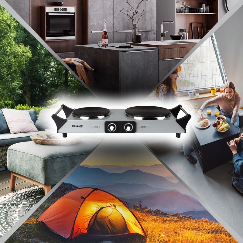 Duronic HP2 SS Plaque de cuisson électrique 2500W avec 2 foyers 20 et 15 cm Foyers en fonte 20 et 15 cm Réchaud avec thermostat réglable Poignées ergonomiques Pieds antidérapants Idéal pour camping