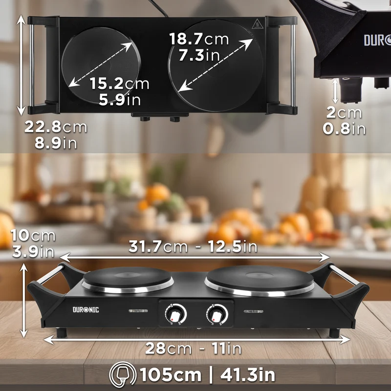 Duronic HP2 BK Plaque de cuisson électrique 2500W avec 2 foyers 20 et 15 cm Foyers en fonte 20 et 15 cm Réchaud avec thermostat réglable Poignées ergonomiques Pieds antidérapants Idéal pour camping