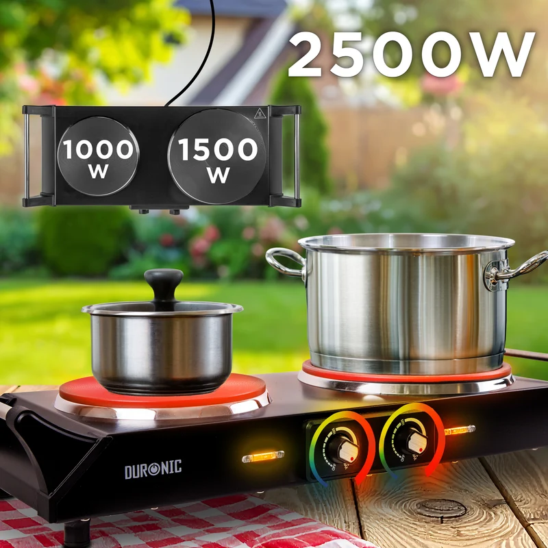 Duronic HP2 BK Plaque de cuisson électrique 2500W avec 2 foyers 20 et 15 cm Foyers en fonte 20 et 15 cm Réchaud avec thermostat réglable Poignées ergonomiques Pieds antidérapants Idéal pour camping