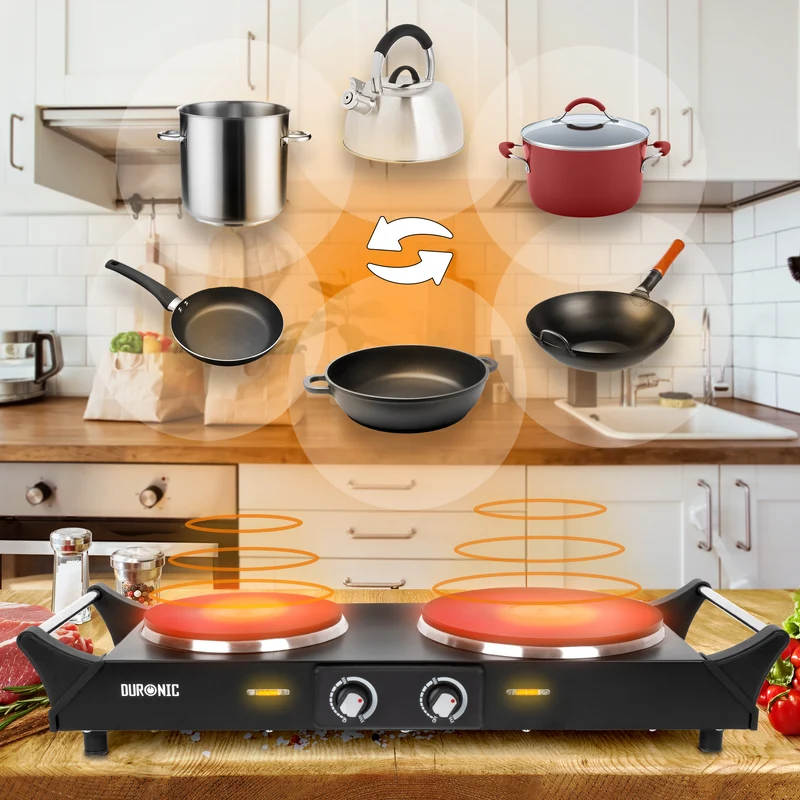 Duronic HP2 BK Plaque de cuisson électrique 2500W avec 2 foyers 20 et 15 cm Foyers en fonte 20 et 15 cm Réchaud avec thermostat réglable Poignées ergonomiques Pieds antidérapants Idéal pour camping