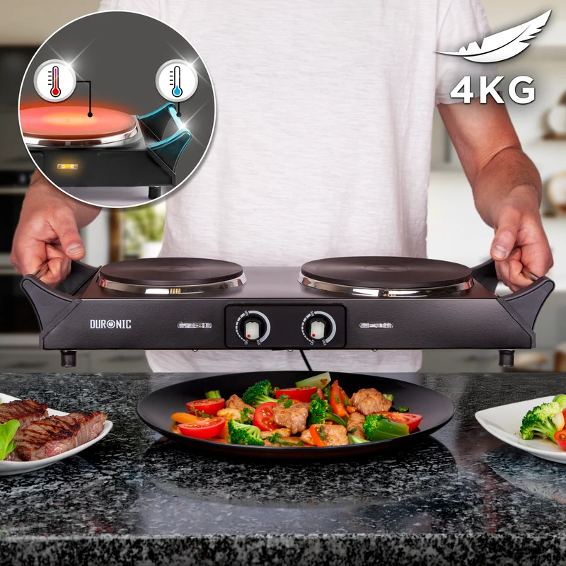 Duronic HP2 BK Plaque de cuisson électrique 2500W avec 2 foyers 20 et 15 cm Foyers en fonte 20 et 15 cm Réchaud avec thermostat réglable Poignées ergonomiques Pieds antidérapants Idéal pour camping