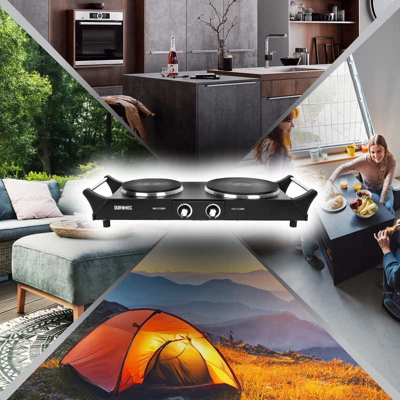 Duronic HP2 BK Plaque de cuisson électrique 2500W avec 2 foyers 20 et 15 cm Foyers en fonte 20 et 15 cm Réchaud avec thermostat réglable Poignées ergonomiques Pieds antidérapants Idéal pour camping