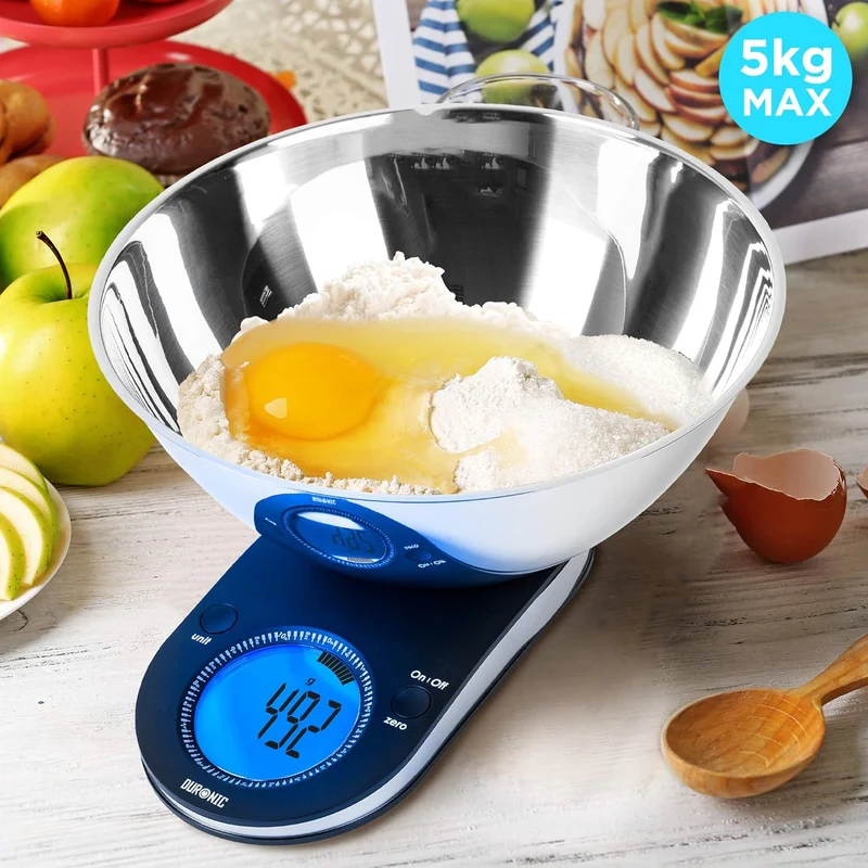 Duronic KS5000 Balance de cuisine Capacité de 5 kg Bol de 3 L inclus Large écran rétroéclairé Fonction d'ajout de poids Précision à 1 g Idéale pour la pâtisserie ou comme balance postale