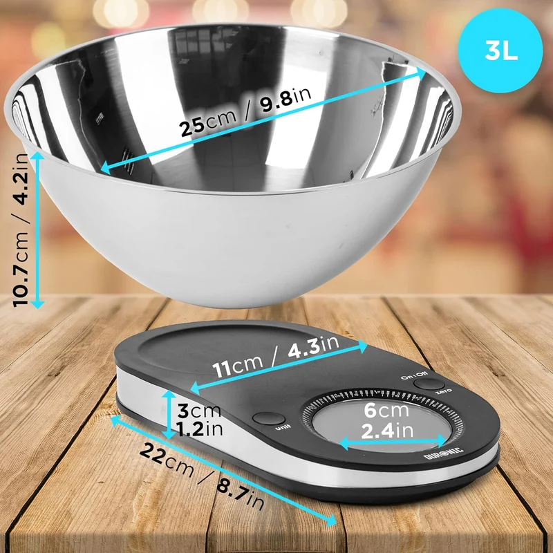 Duronic KS5000 Balance de cuisine Capacité de 5 kg Bol de 3 L inclus Large écran rétroéclairé Fonction d'ajout de poids Précision à 1 g Idéale pour la pâtisserie ou comme balance postale