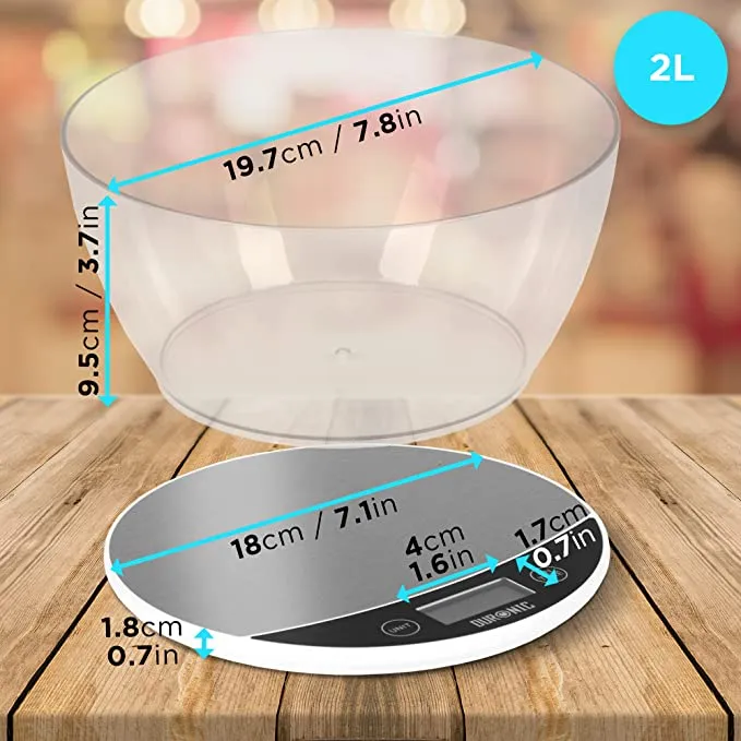 Duronic KS3000 Balance de cuisine | Capacité de 5 kg | Bol de 2L inclus | Affichage digital | Fonction d’ajout de poids | Précision à 1g
