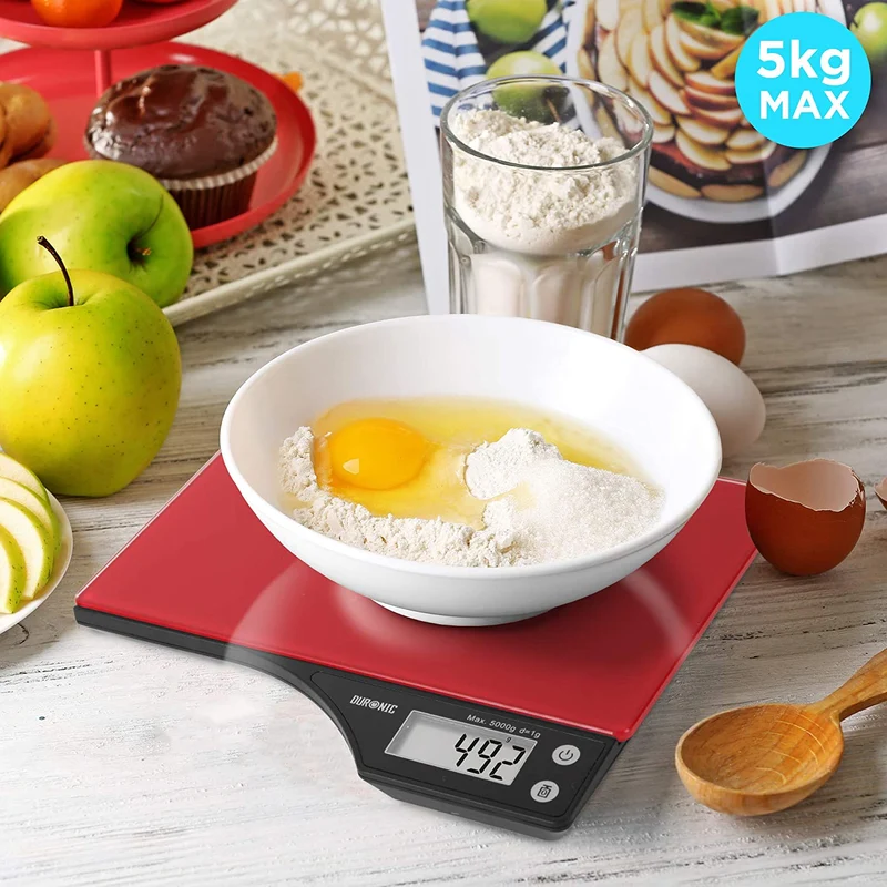 Duronic KS350 Balance de cuisine en verre rouge | Capacité de 5 kg | Affichage digital | 2 touches | Fonction d’ajout de poids | Précision à 1 g | Idéale pour la pâtisserie ou comme balance postale