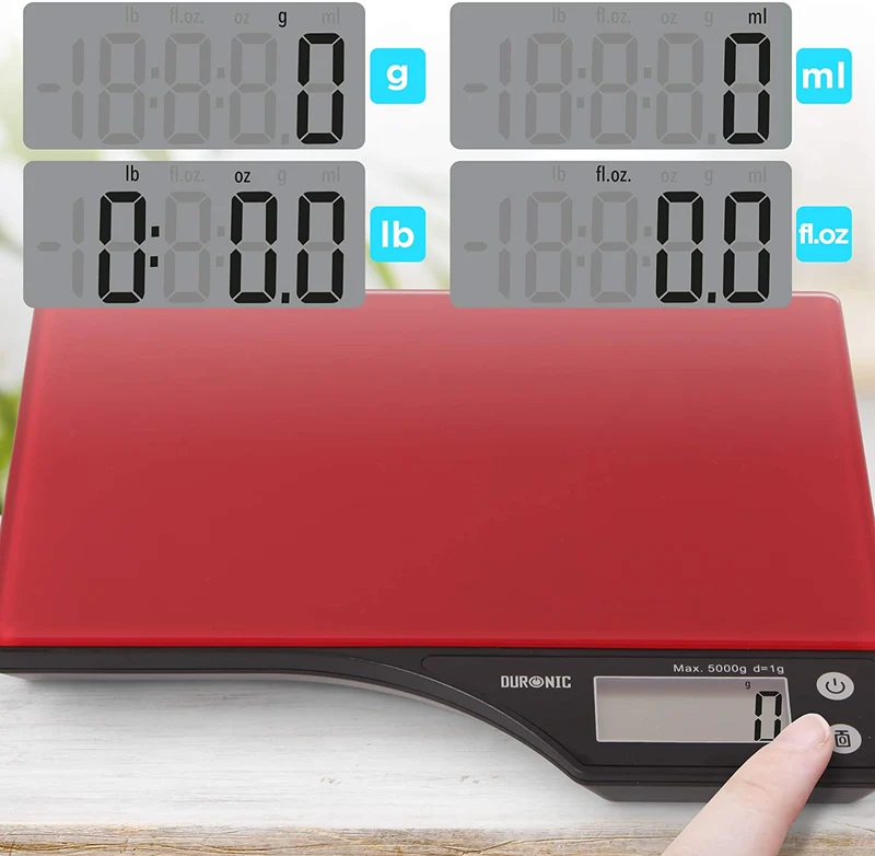 Duronic KS350 Balance de cuisine en verre rouge | Capacité de 5 kg | Affichage digital | 2 touches | Fonction d’ajout de poids | Précision à 1 g | Idéale pour la pâtisserie ou comme balance postale