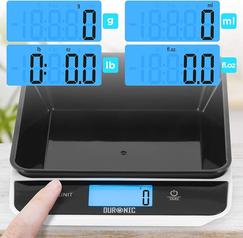 Duronic KS100 BK Balance de cuisine noire | Capacité de 5kg | Bol de 1,2L inclus | Large écran rétroéclairé | Fonction d’ajout de poids | 4 capteurs précis | Idéale pour la pâtisserie ou comme balance postale