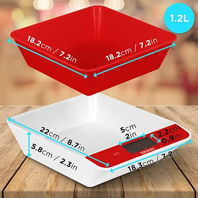 Duronic KS100 RD Balance de cuisine rouge | Capacité de 5 kg | Bol de 1,2L inclus | Large écran rétroéclairé | Fonction d’ajout de poids | 4 capteurs précis | Idéale pour la pâtisserie ou comme balance postale