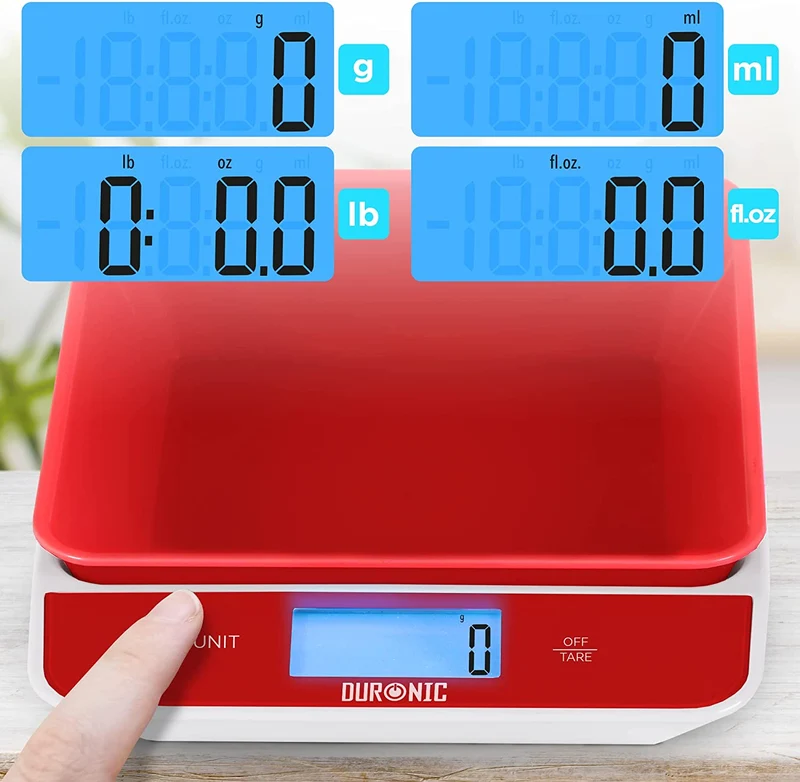 Duronic KS100 RD Balance de cuisine rouge | Capacité de 5 kg | Bol de 1,2L inclus | Large écran rétroéclairé | Fonction d’ajout de poids | 4 capteurs précis | Idéale pour la pâtisserie ou comme balance postale