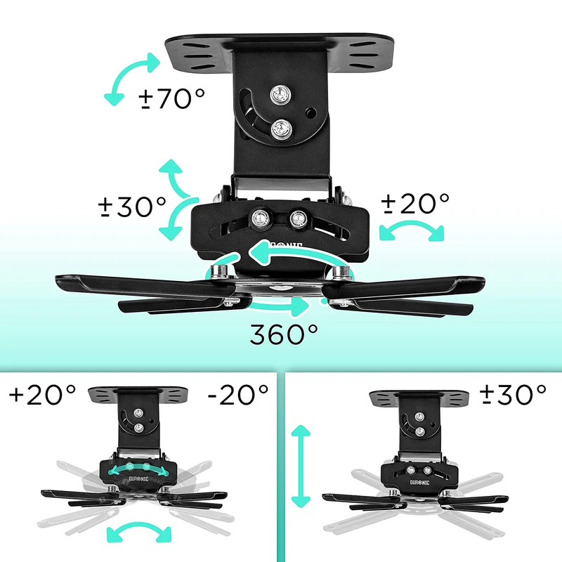 Duronic PB03XB Support pour Vidéoprojecteur Plafond Rotatif 360° Inclinable 30° Pivotant 20° Charge maximale de 13,6 kg Idéal pour Home Cinema présentations conférences