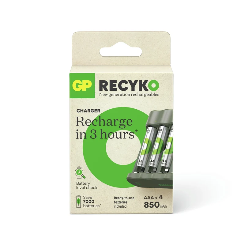 GP NiMH - Recyko - Charger USB AAA | HR03 - Multipack - 4 Pièces + Chargeur + USB Câble - 1.5 V - 850 mAh - Rechargeable Batterie