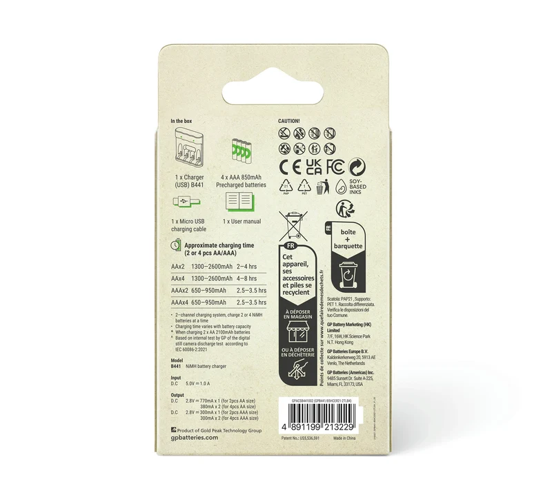 GP NiMH - Recyko - Charger USB AAA | HR03 - Multipack - 4 Pièces + Chargeur + USB Câble - 1.5 V - 850 mAh - Rechargeable Batterie