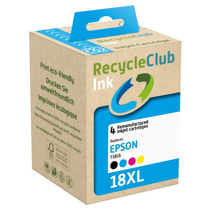 RECYCLECLUB XL Cartouche d'encre 18XL - Multipack - Noir + Bleu + Rouge + Jaune - Remplace Epson