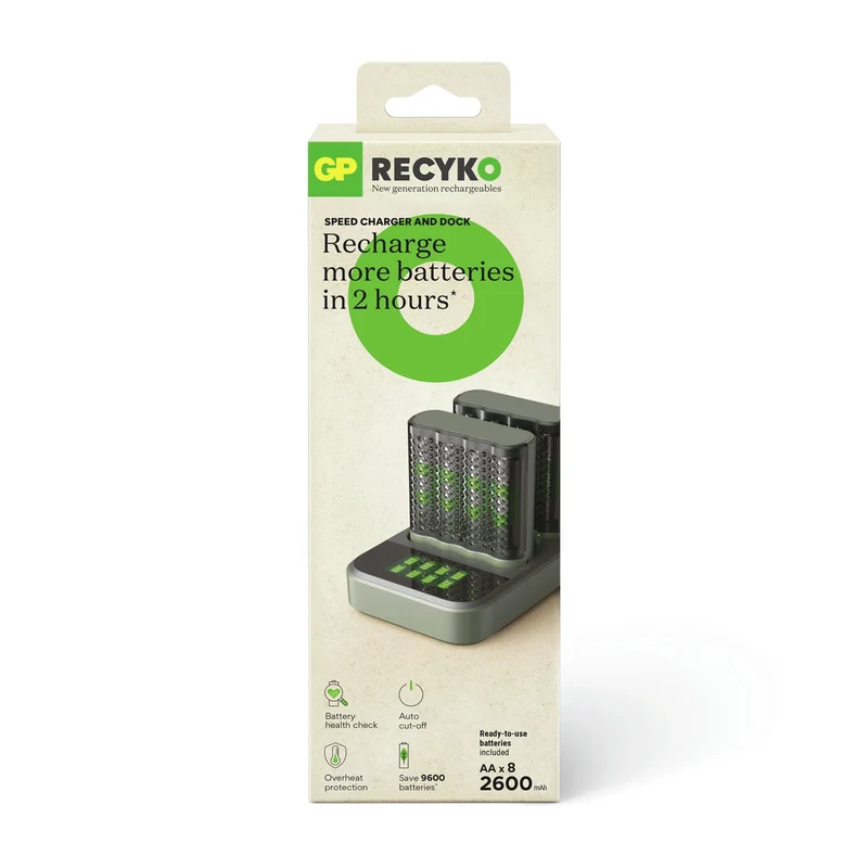 GP NiMH - Recyko - Fast Charger Dock USB AA | HR6 - Multipack - 8 Pièces + Chargeur + USB Câble - 1.2 V - 2600 mAh - Rechargeable Batterie
