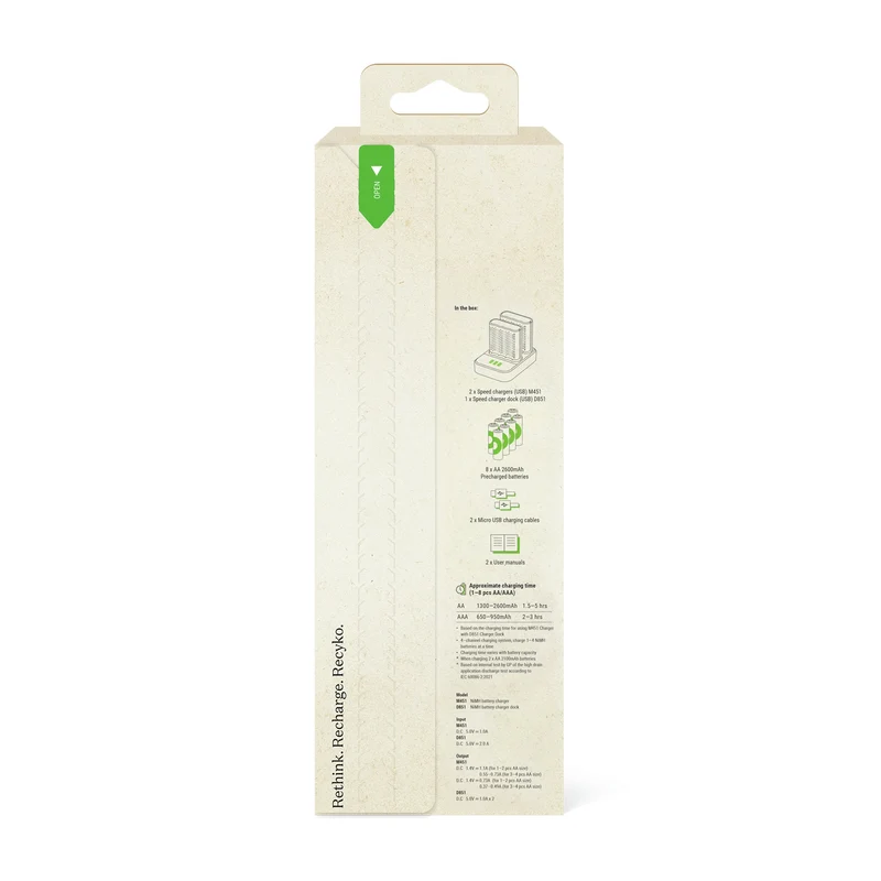 GP NiMH - Recyko - Fast Charger Dock USB AA | HR6 - Multipack - 8 Pièces + Chargeur + USB Câble - 1.2 V - 2600 mAh - Rechargeable Batterie