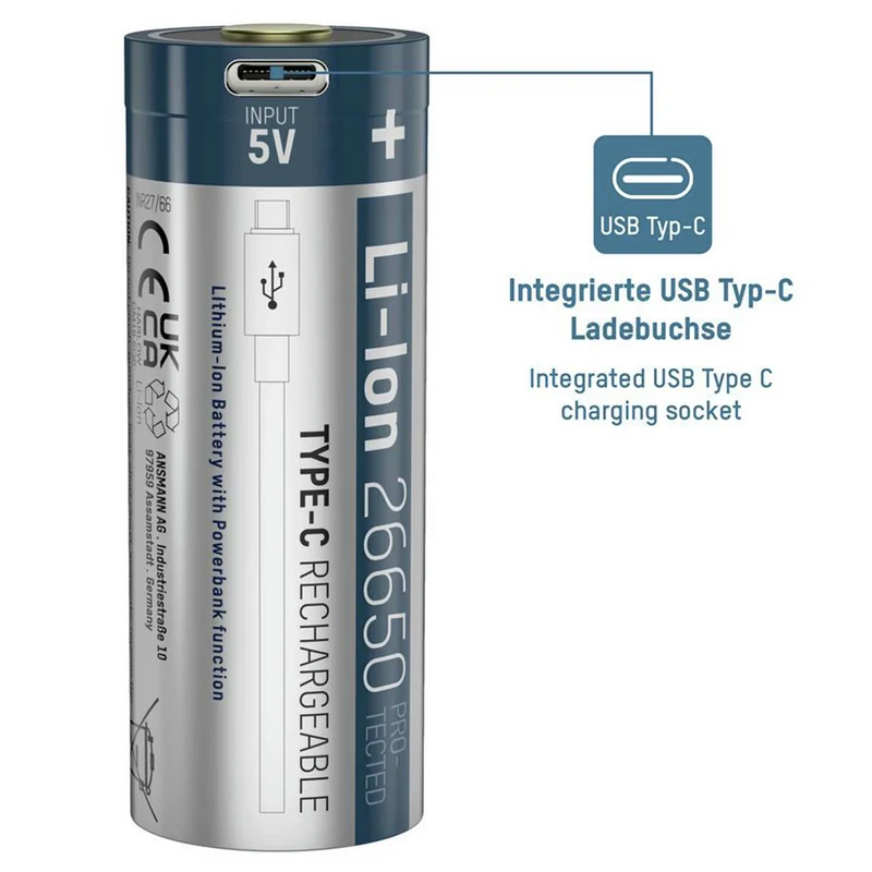 ANSMANN Li-Ion - USB-C 26650 - 3.6 V - 5100 mAh - Rechargeable Batterie