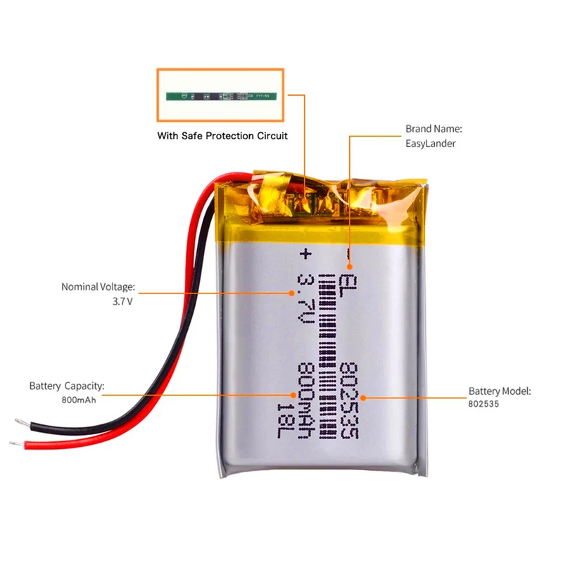 2pcs 3.7V lithium battery 800MAH polymer battery 802535 bluetooth DVR player driving recorder