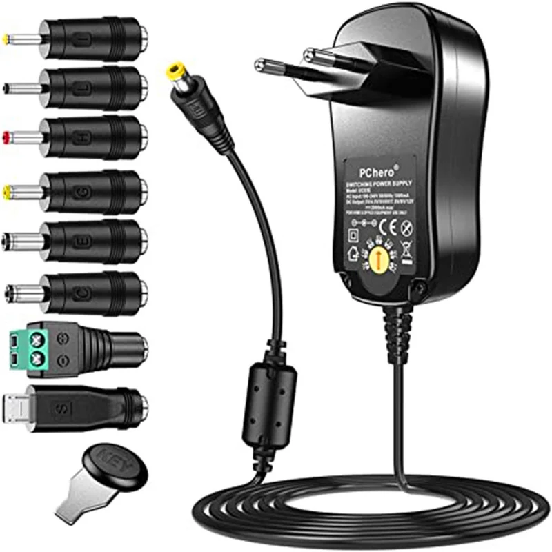 PChero 24W universal power supply with 8 removable DC plugs for 3V-12V house electronics and USB devices - 2000mA Max