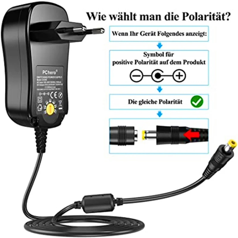 PChero 24W universal power supply with 8 removable DC plugs for 3V-12V house electronics and USB devices - 2000mA Max