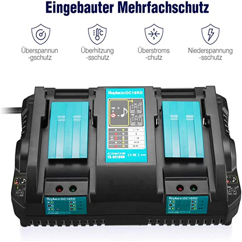 DC18RD Dual Port Charger 14.4V-18V Lithium-Ion Battery Compatible with Makita BL1815 BL1830 BL1840 BL1850