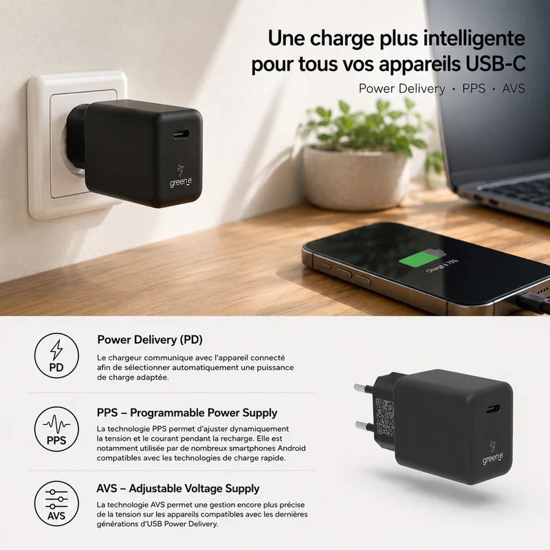 Kit de charge Universel USB-C 45W 1 USB-C GREEN-E France - Certifié Origine France Garantie, câble USB-C tressé 1,50m Noir légende