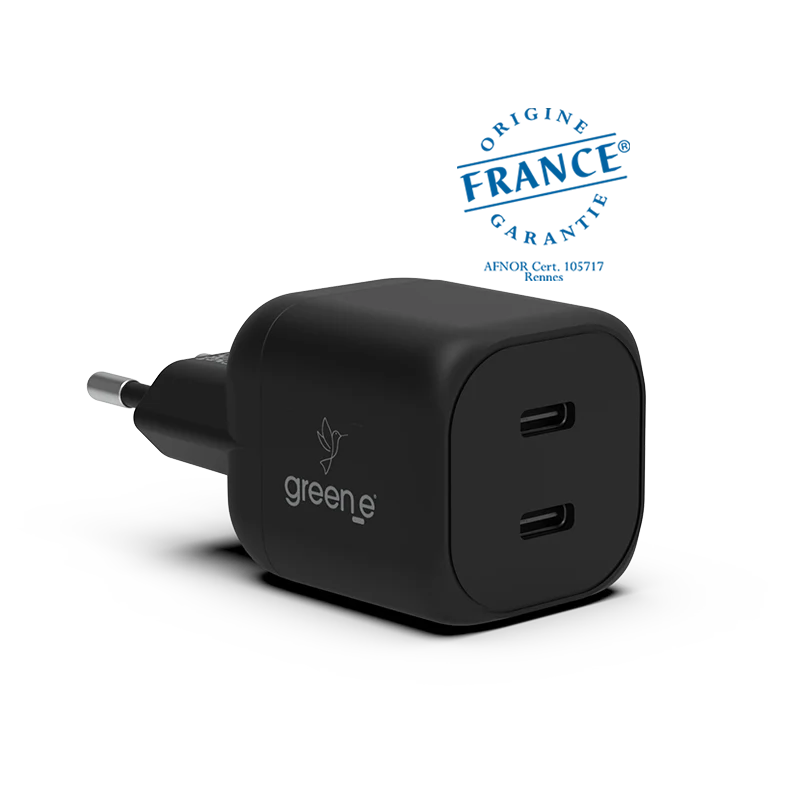 Chargeur Universel USB-C 45W 2 USB-C GREEN-E France - Certifié Origine France Garantie - Noir légende