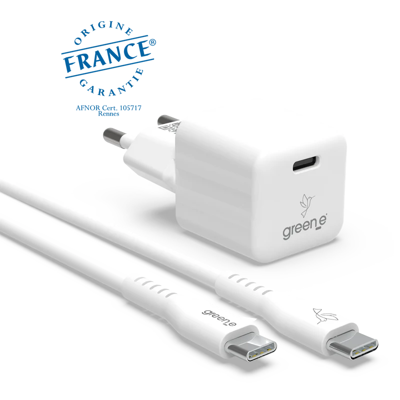 Kit de charge Universel USB-C 20W 1 USB-C GREEN-E France - Certifié Origine France Garantie, câble USB-C vers USB-C fabriqué en France 1,20m Blanc